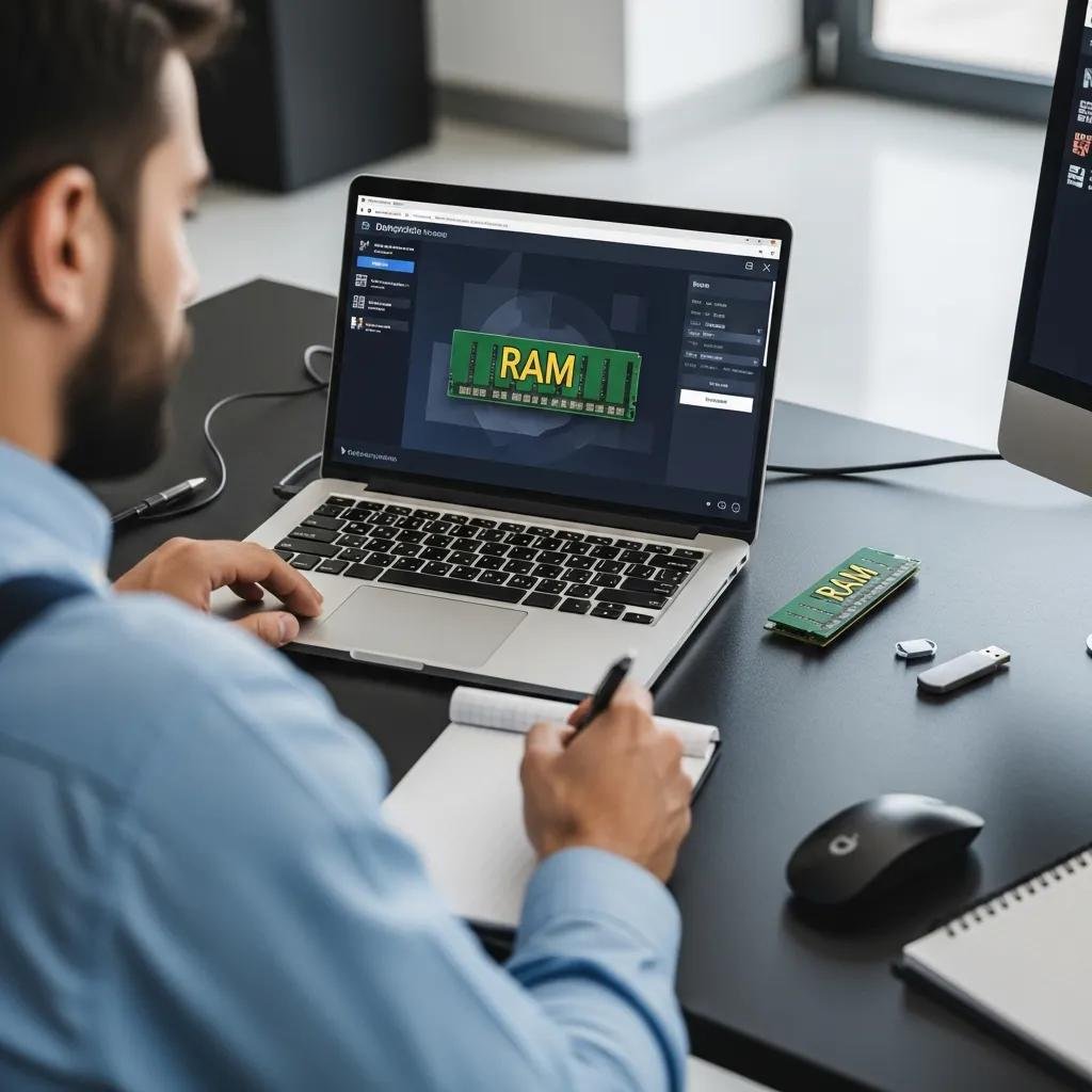 Technician performing remote RAM diagnostics on a laptop in a modern workspace