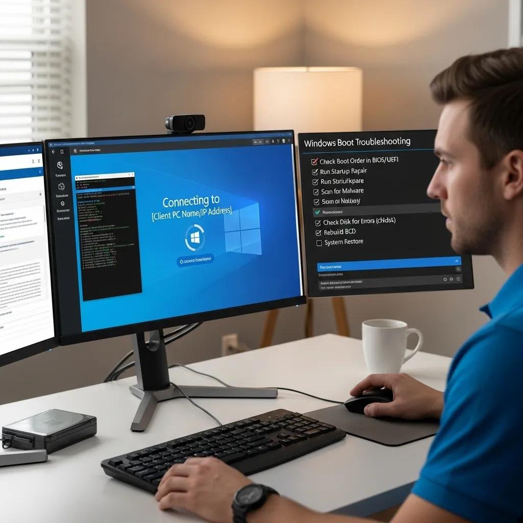 Technician performing remote troubleshooting for Windows boot issues with secure access tools