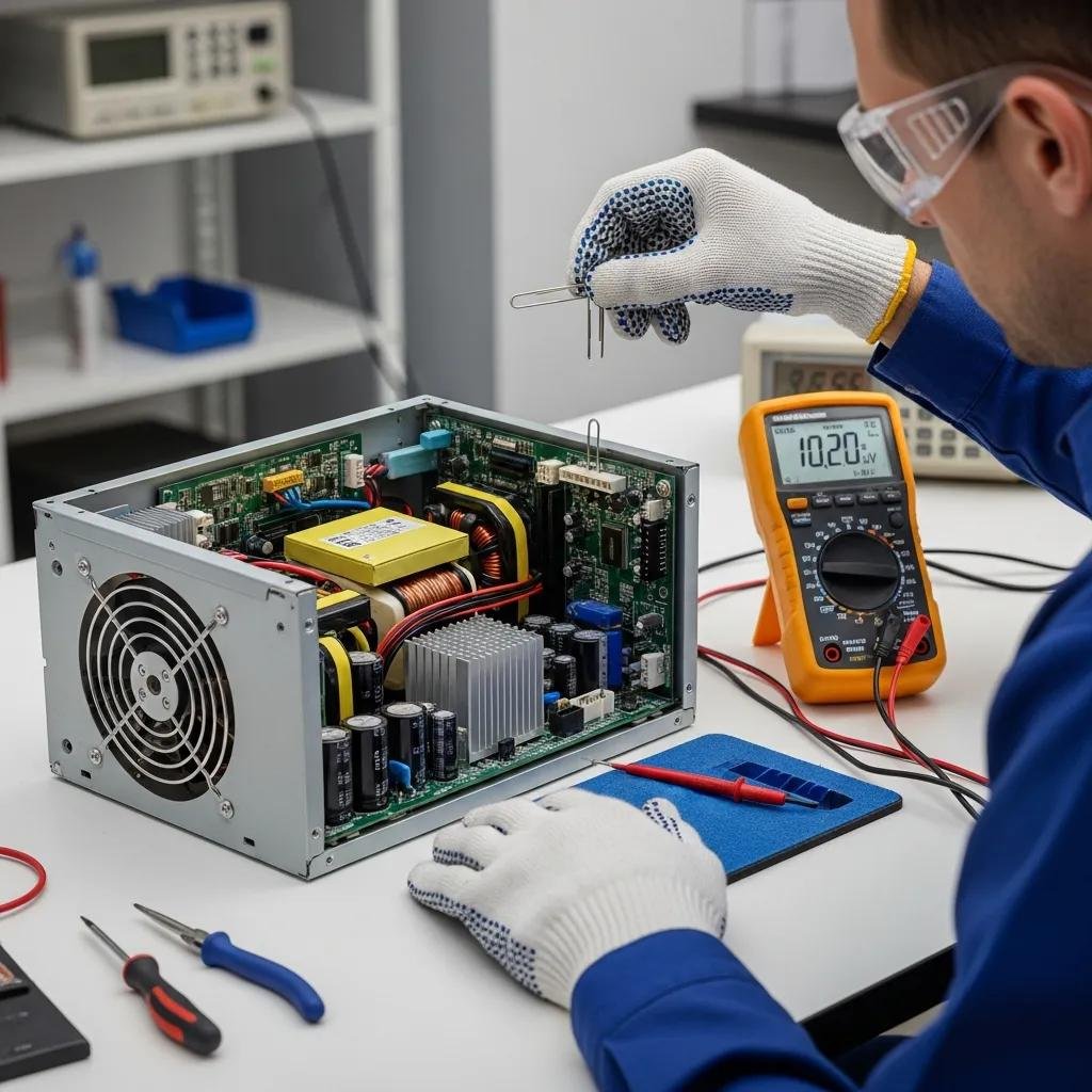 Technician performing the paperclip test on a power supply unit for internal testing
