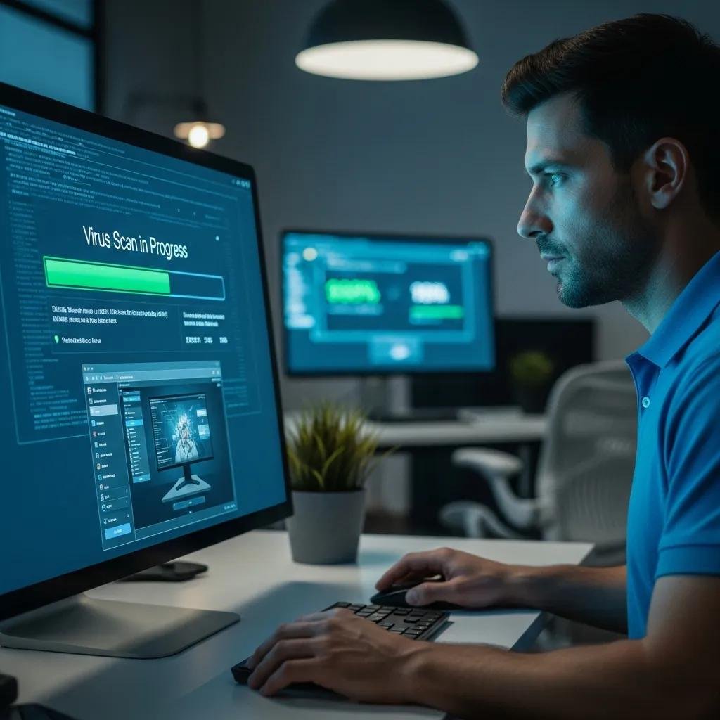Technician performing virus removal on a computer using remote access tools