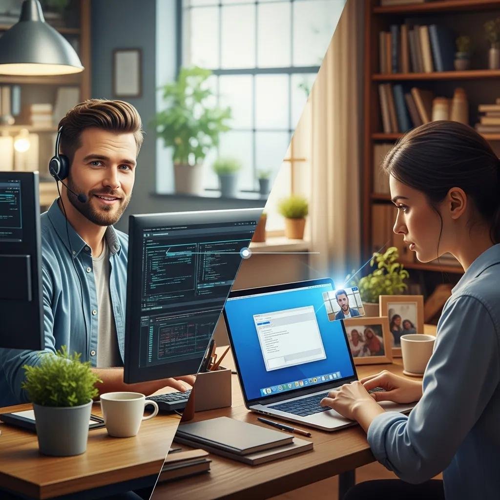 Technician providing remote computer repair assistance to a customer through a video call