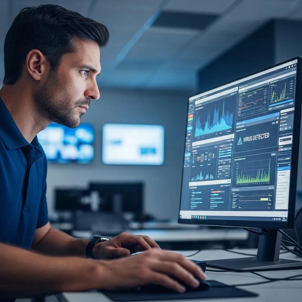 Technician remotely diagnosing a computer for virus removal, showcasing effective remote support