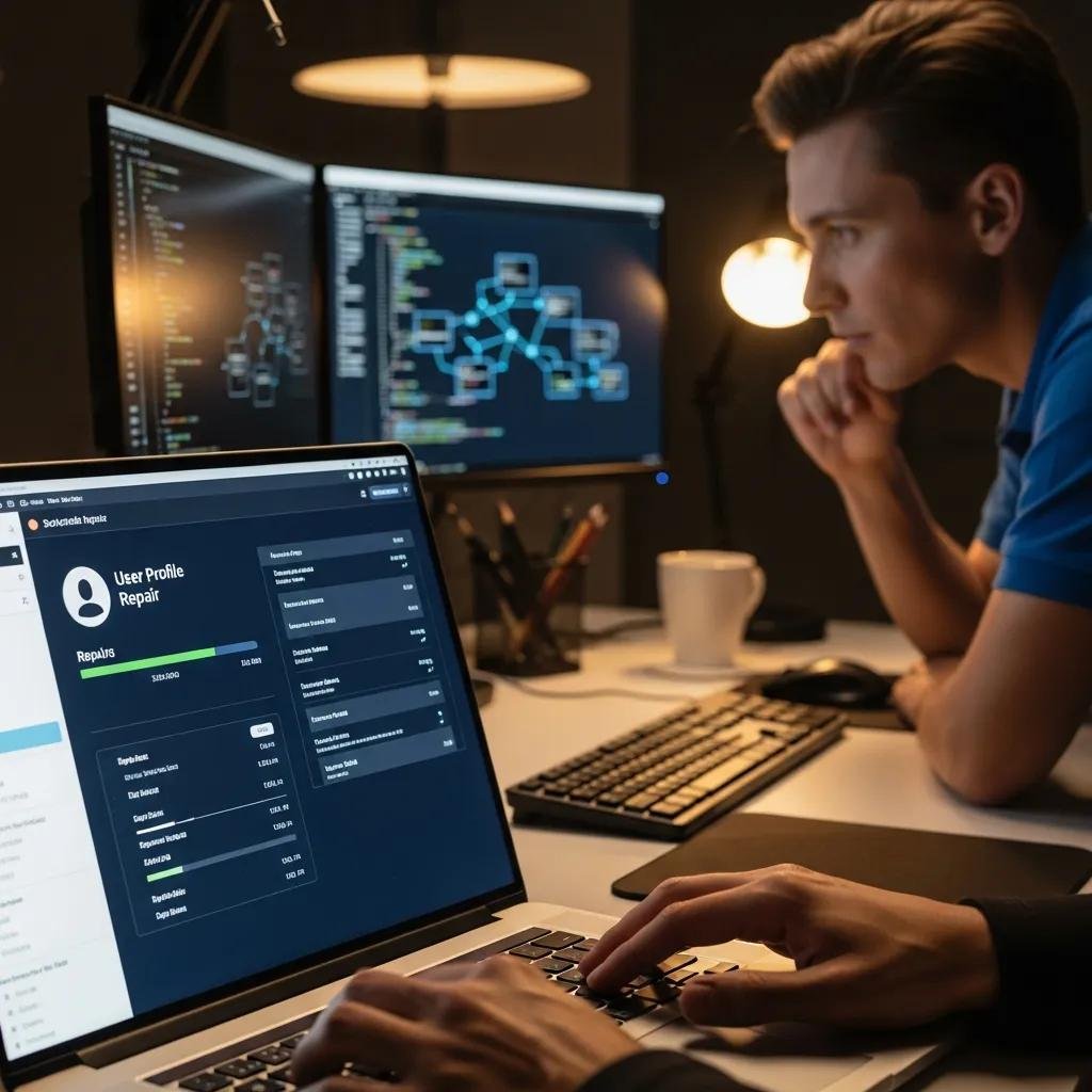 Technician remotely repairing a corrupted user profile on a laptop