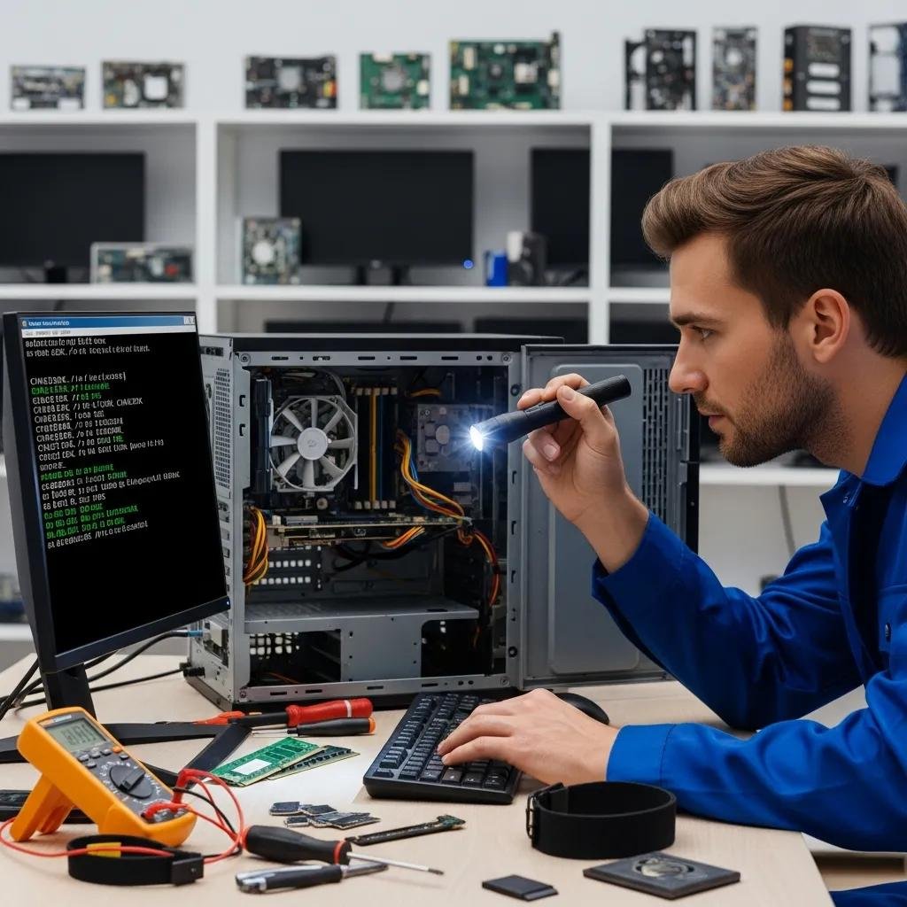 Technician running advanced CHKDSK commands on a computer in a tech repair shop