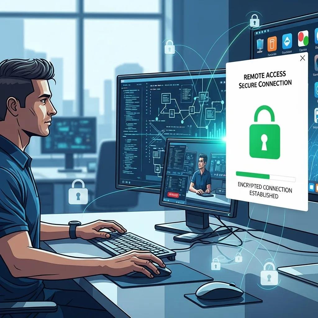 Technician securely connecting to a computer via remote access software, illustrating encryption and security measures