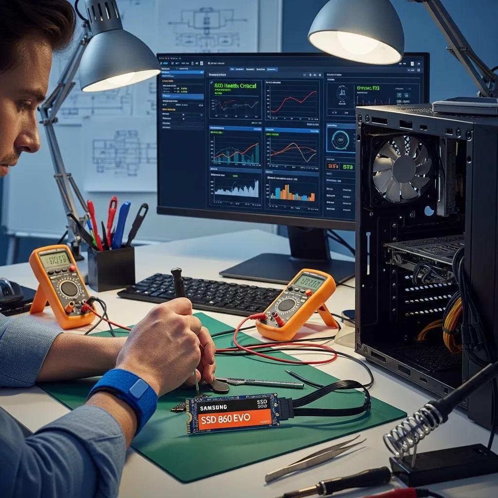 Technician troubleshooting an SSD with diagnostic software displayed on a computer screen