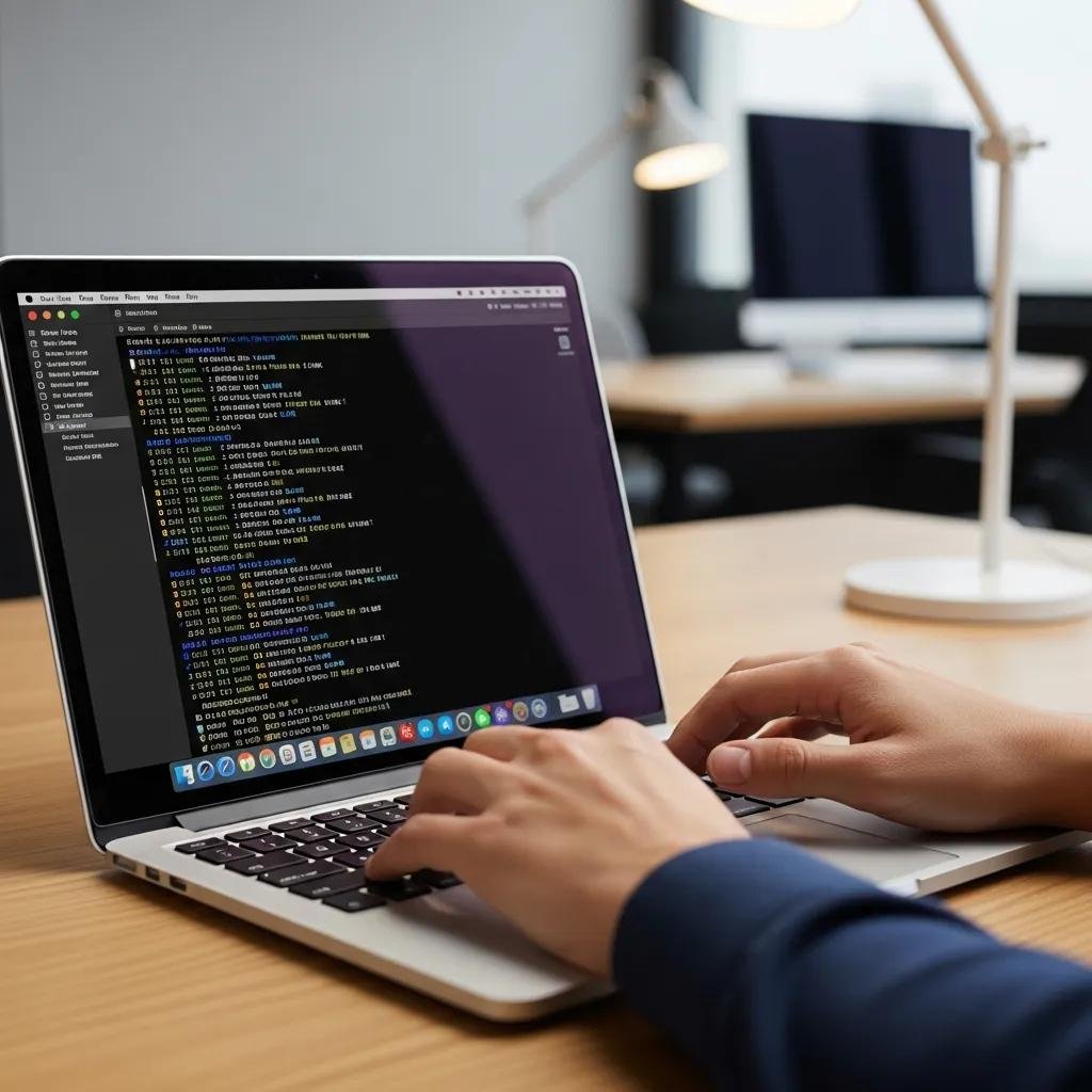 Technician typing commands on a MacBook for user account repair