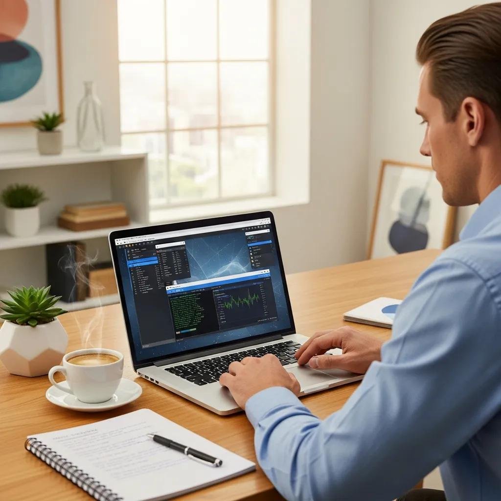 Technician using remote access software in a modern workspace