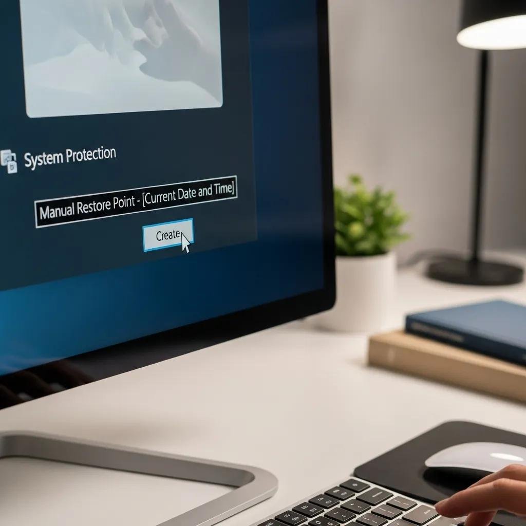User creating a manual restore point on a computer screen in a well-organized workspace