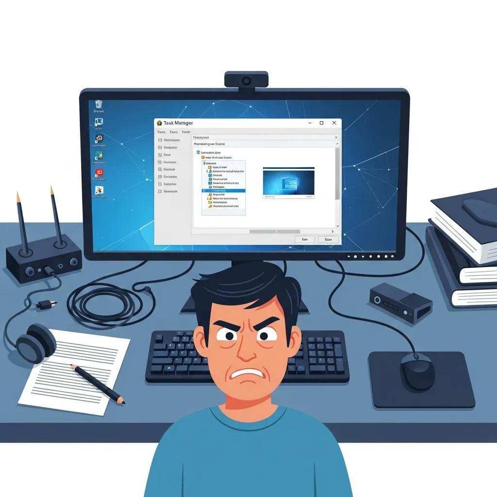 User frustrated with a frozen Task Manager on a computer screen