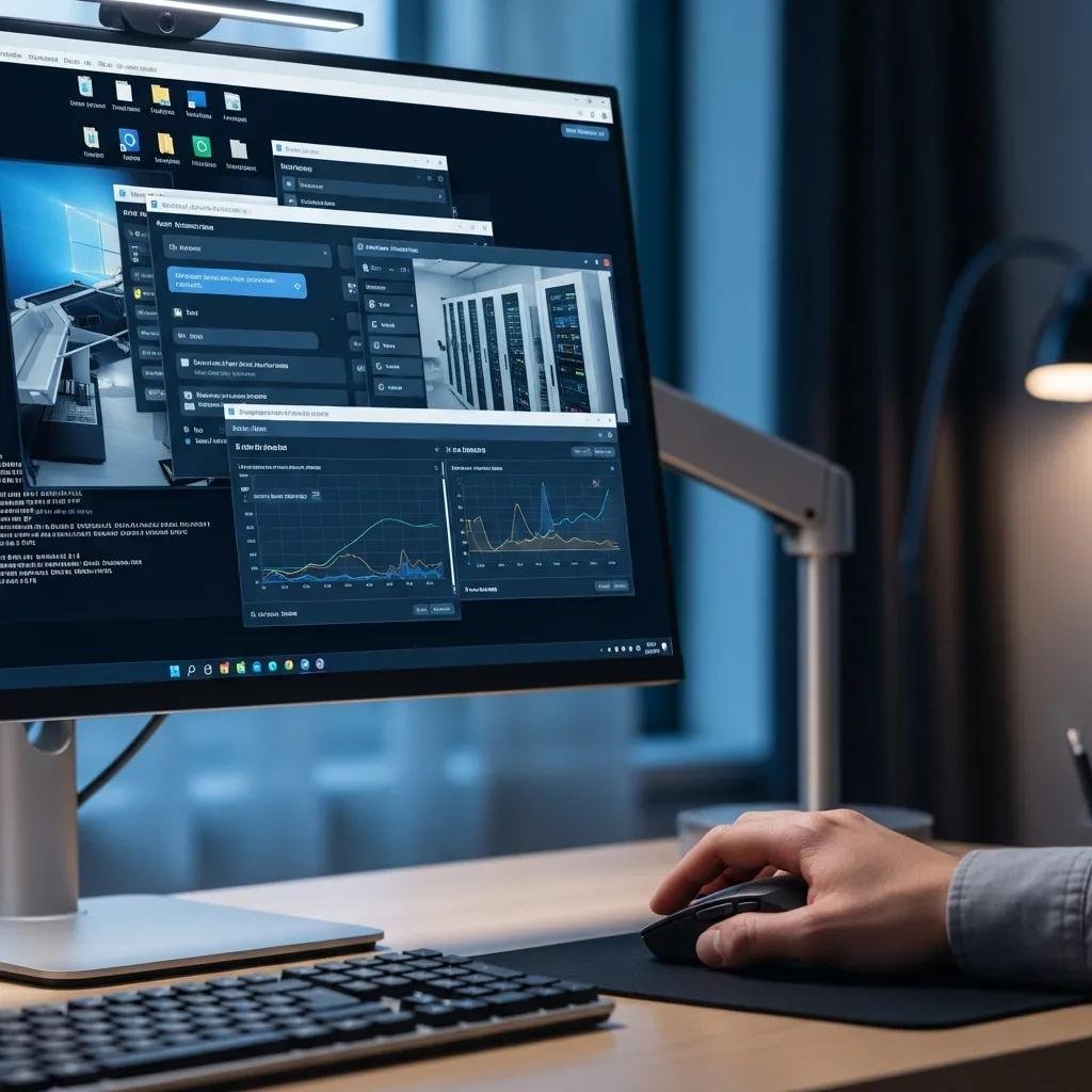 User monitoring a remote access session on a computer screen, emphasizing control and security