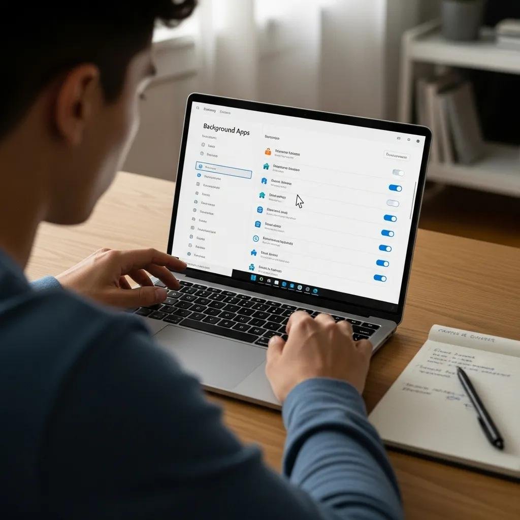 User navigating Windows settings to disable background apps for better performance