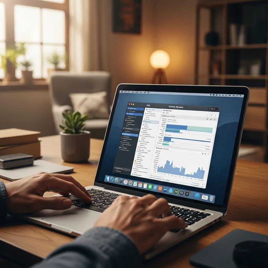 User optimizing Mac performance using Activity Monitor in a home office