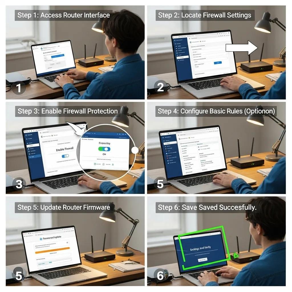 User setting up a home firewall on a laptop with router interface
