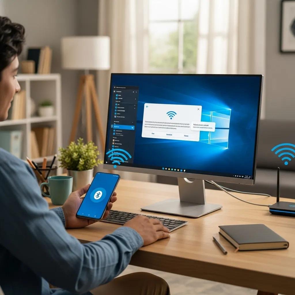 User wirelessly connecting Android phone to Windows PC using Bluetooth and Wi-Fi, showcasing modern technology