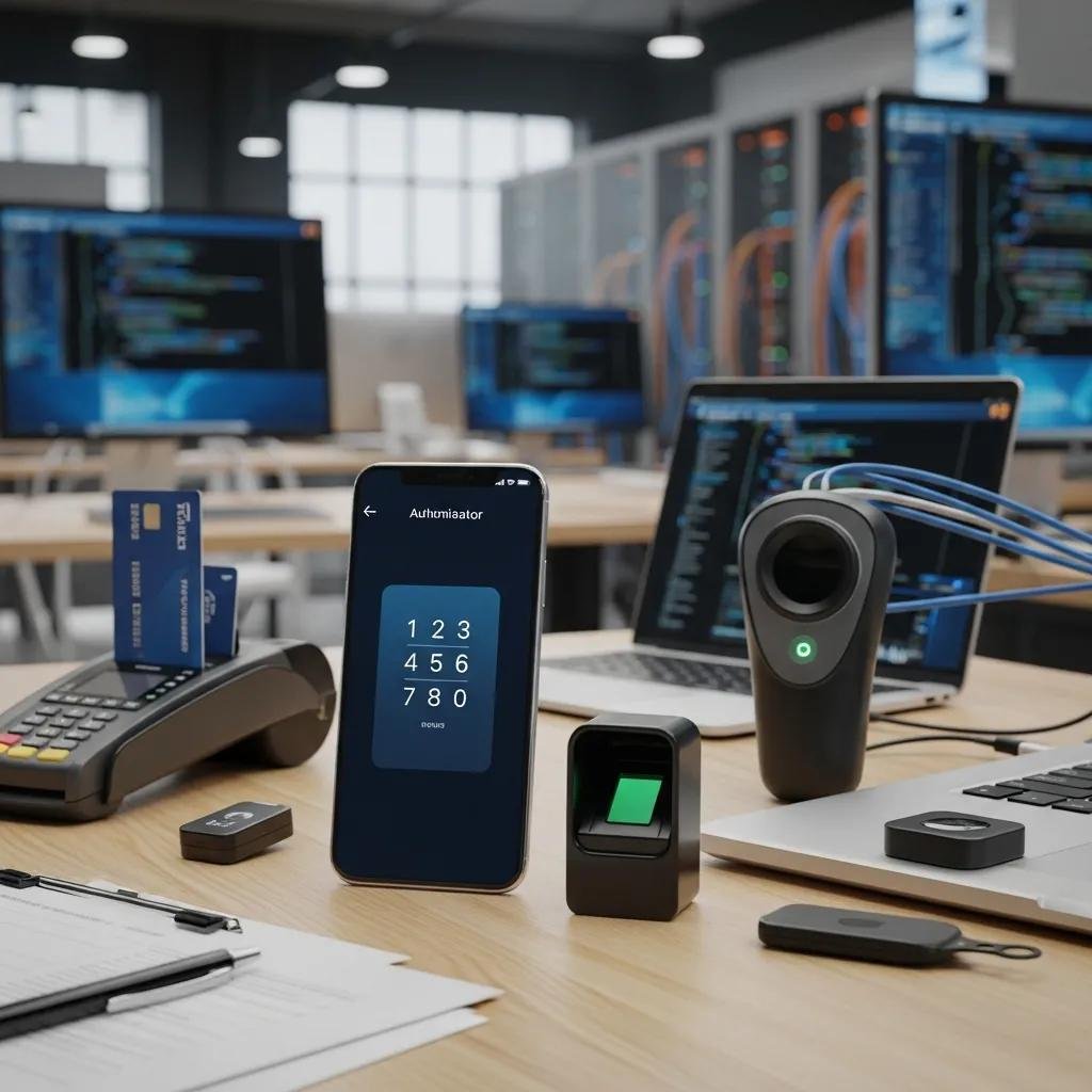 Variety of MFA tools including a smartphone, hardware token, and biometric scanner on a tech-savvy desk