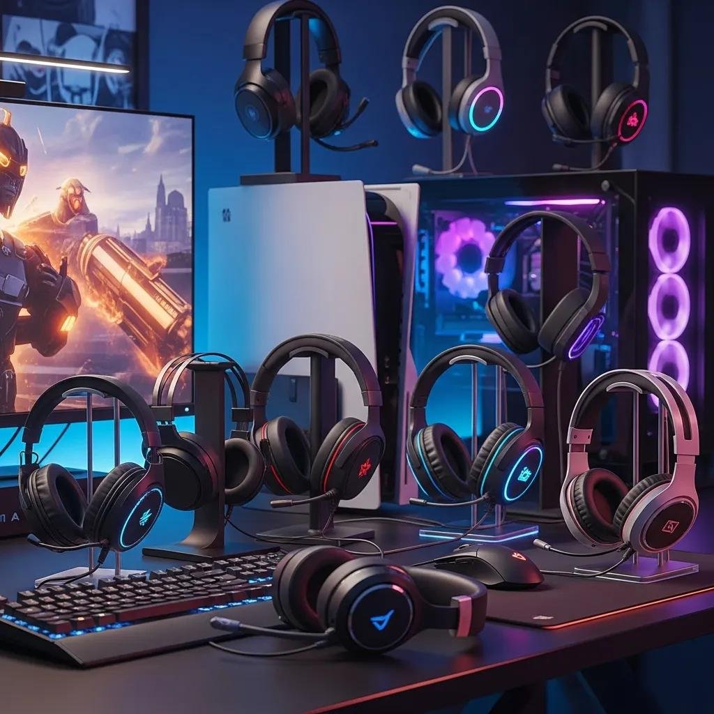 Variety of wired and wireless gaming headsets on a stylish gaming desk setup