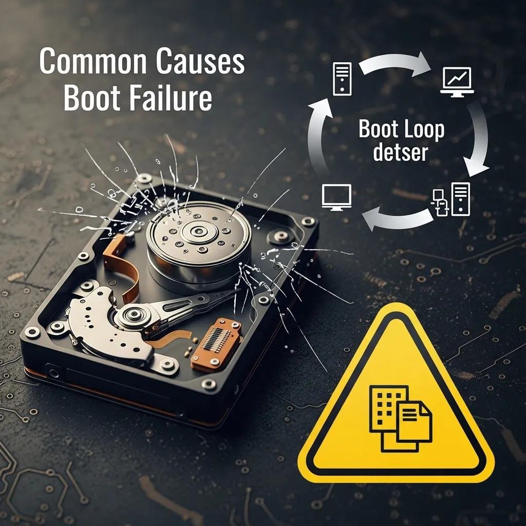 Visual representation of common causes of Windows boot failures including corrupted files and hardware issues