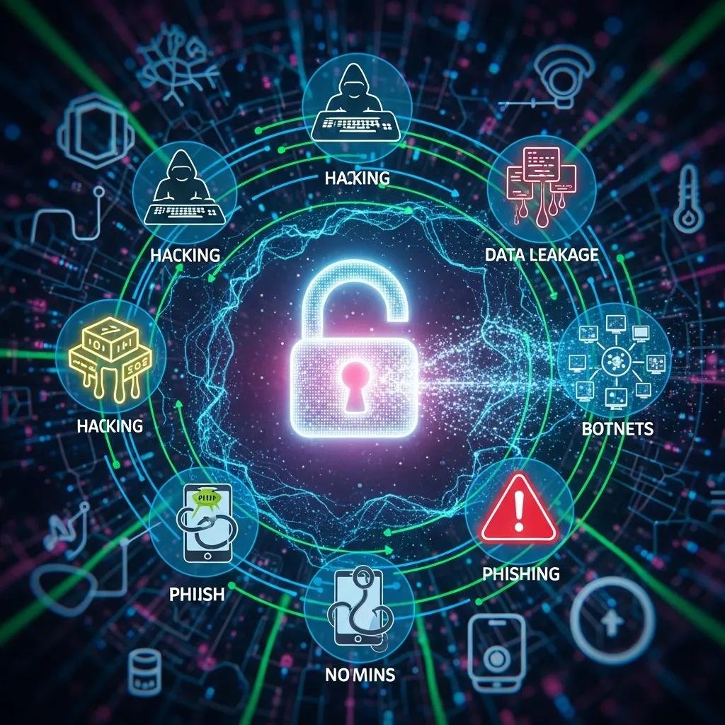 Visual representation of cybersecurity threats to smart homes, highlighting hacking and data leakage