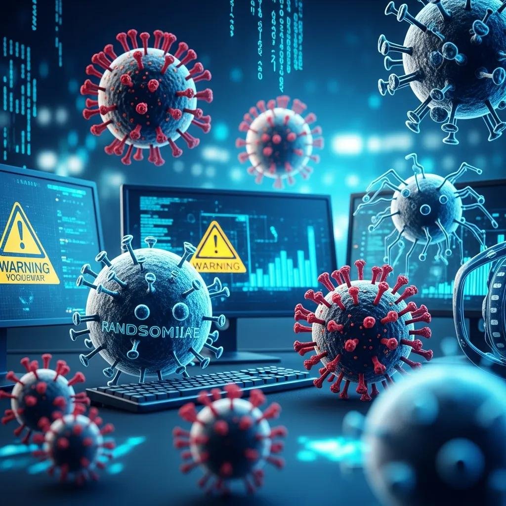 Visual representation of different types of malware in a digital environment, emphasizing urgency and threat
