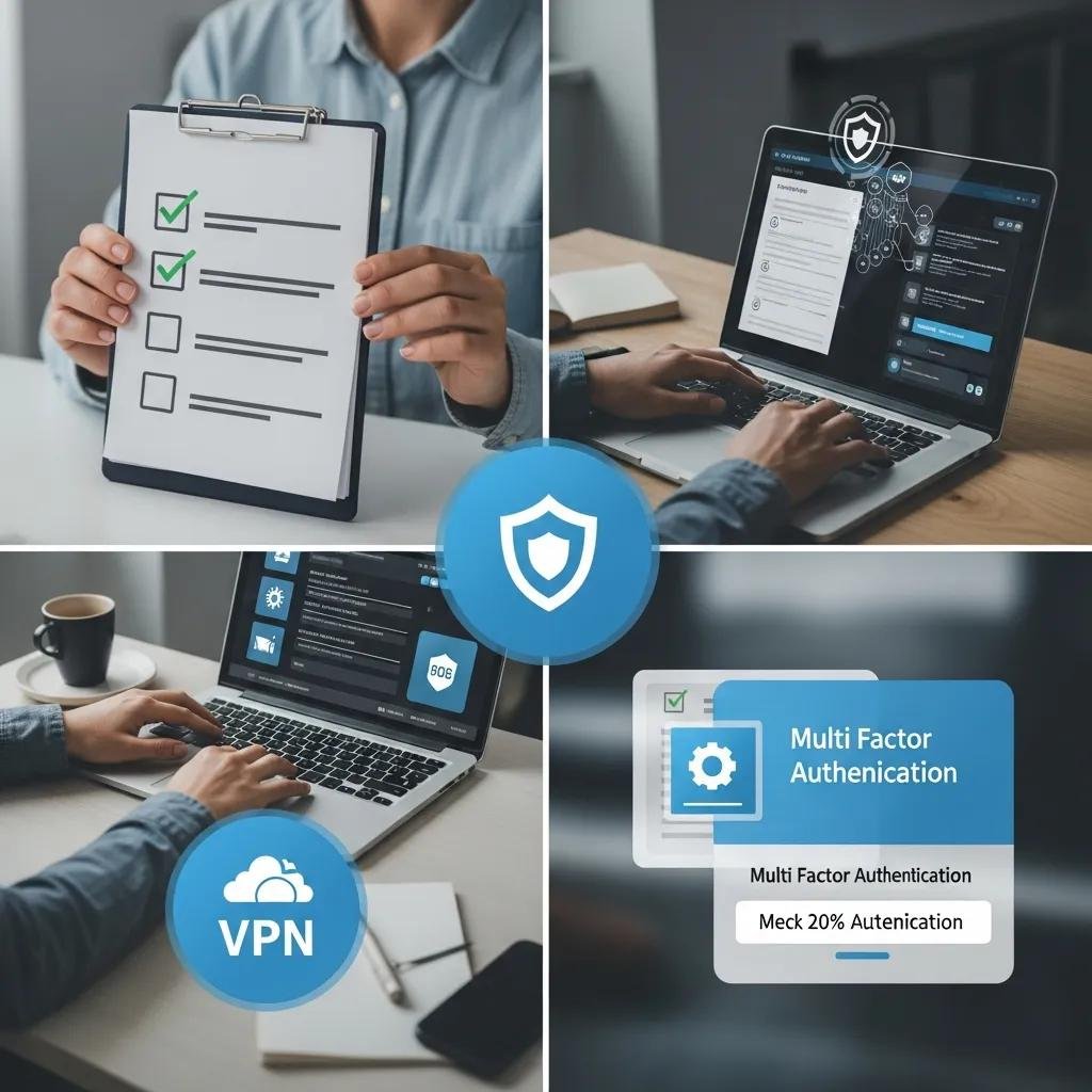 Visual representation of proactive cybersecurity measures being implemented, including checklist and security software