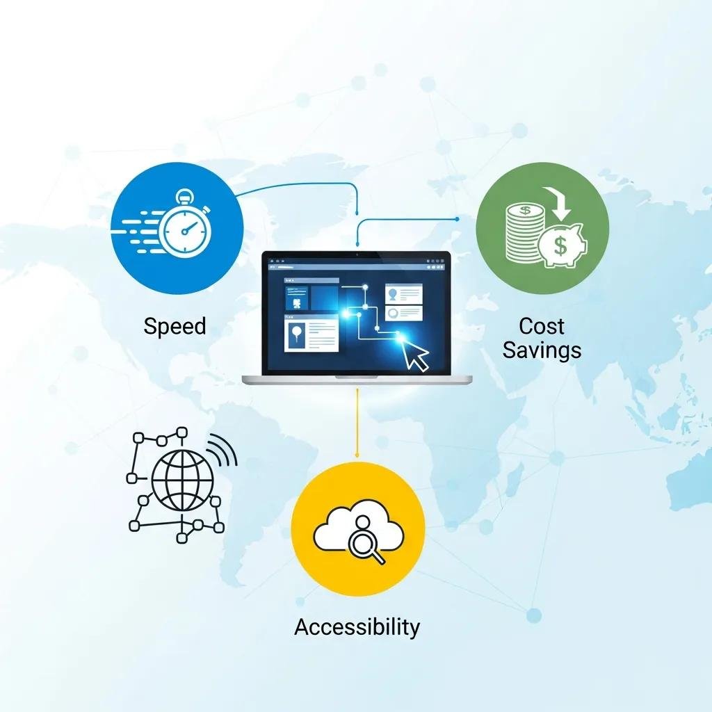 Visual representation of the benefits of remote computer assistance, highlighting speed, cost savings, and accessibility