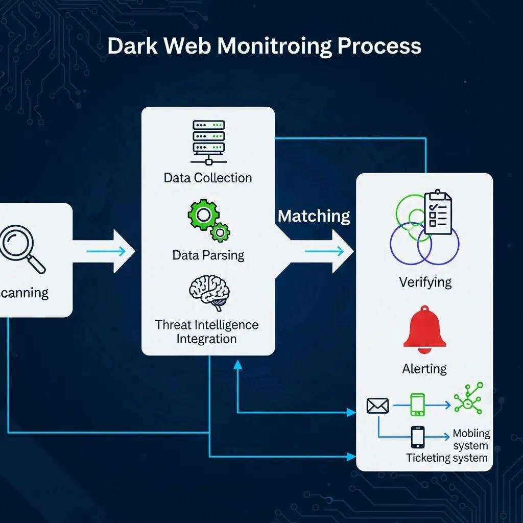 Visual representation of the dark web monitoring process and technology