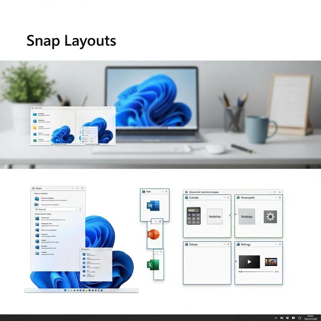 Visual representation of Windows 11 Snap Layouts showcasing different window arrangements