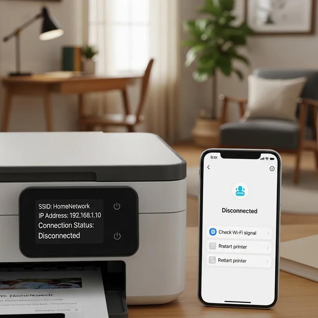 Wireless printer displaying network settings, illustrating troubleshooting steps