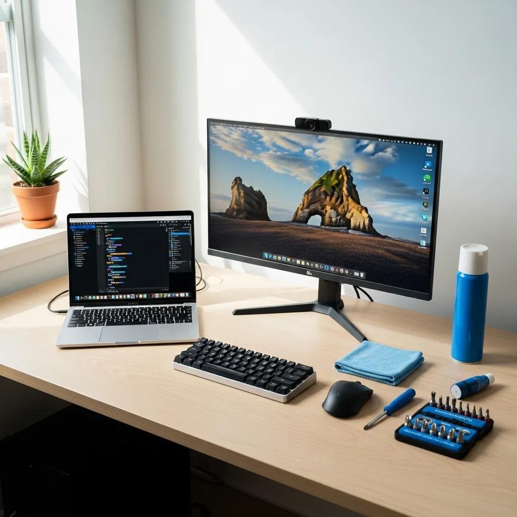 Workspace with laptop and maintenance tools for computer upkeep
